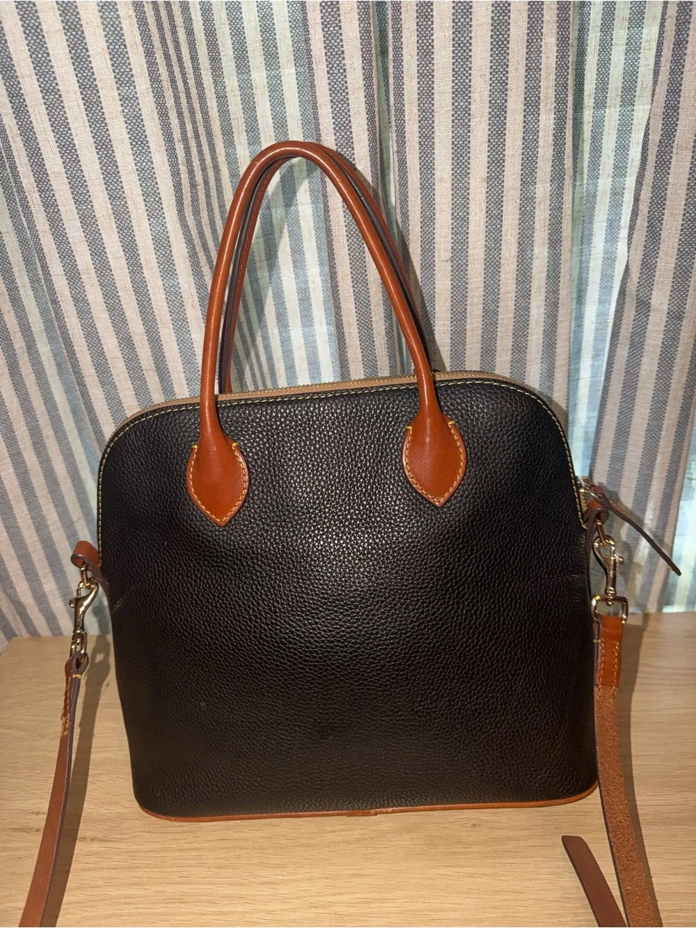 Dooney & Bourke Black Pebbled Leather Satchel with Tan Trim
